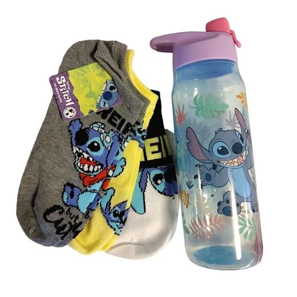 Disney STITCH Colorful Water Bottle and 3 Pairs No Show Socks Bundle NWT - Picture 2 of 16